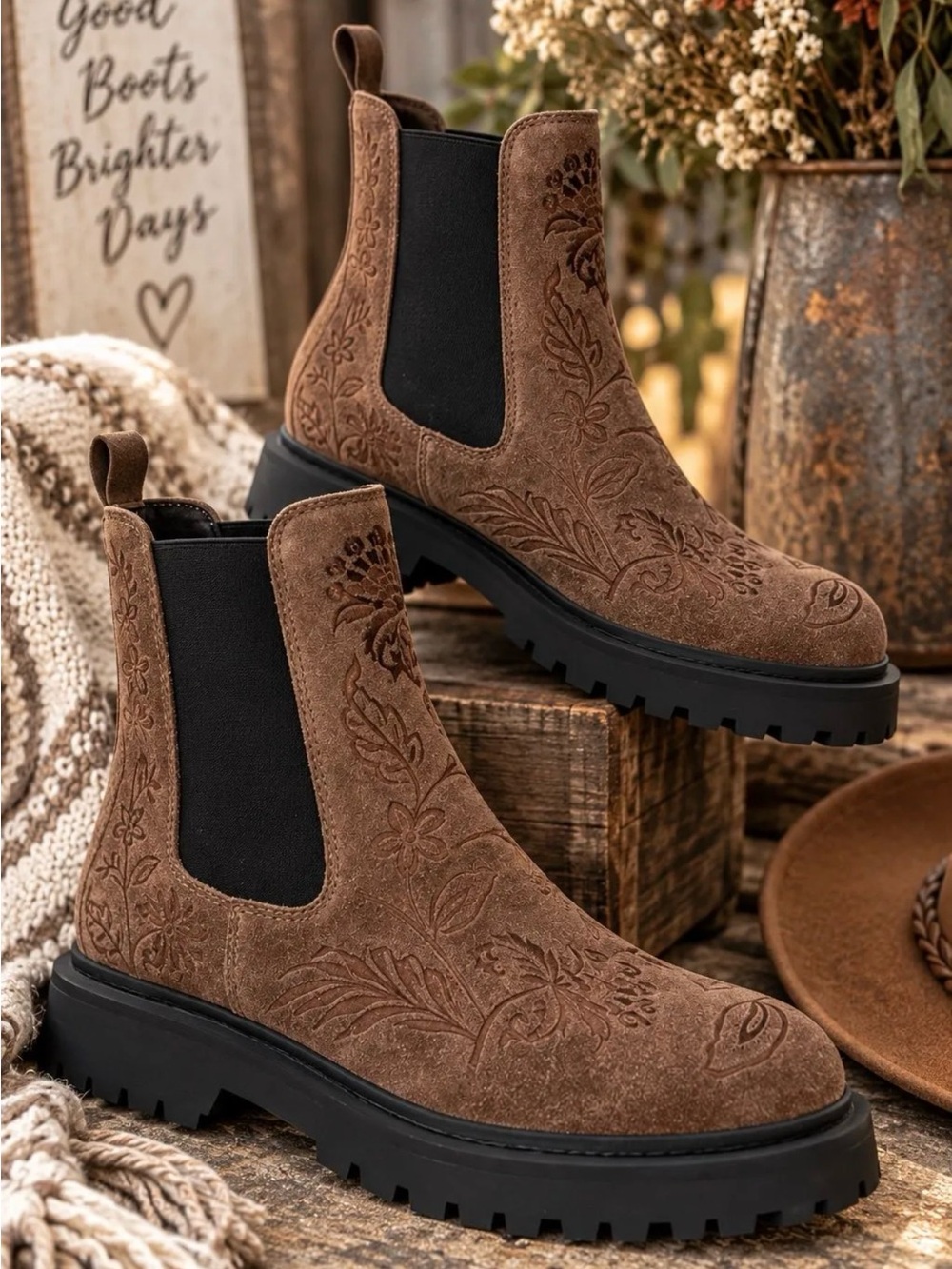 Women’s Johnny Was Brown Suede Chelsea Boots with Floral Embossing